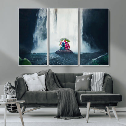 32259-MGV-CV-36X24-Stitch Angel Wall Art Canvas Print, Framed Stitch Waterfall Art Picture Print, Cartoon Couple Perfect Moody Fantasy Decor Artwork