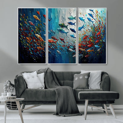 89626-MGV-CV-36X24-Fish Swarm Wall Art Canvas Print, Framed Abstract Ocean Art Picture Print, Underwater Life Perfect Vibrant Coastal Decor Artwork