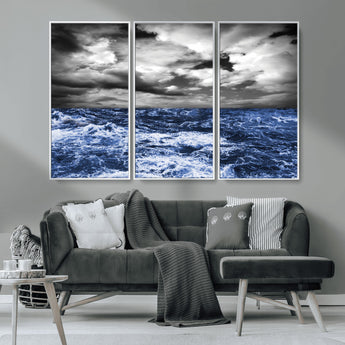 91043-MGV-CV-36X24-Stormy Ocean Wall Art Canvas Print, Framed Moody Seascape Art Picture Print, Monochrome Sea Perfect Coastal Drama Decor Artwork