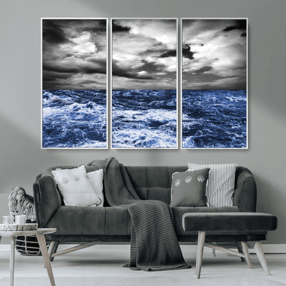 91043-MGV-CV-36X24-Stormy Ocean Wall Art Canvas Print, Framed Moody Seascape Art Picture Print, Monochrome Sea Perfect Coastal Drama Decor Artwork
