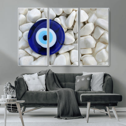 48883-MGV-FC-48X32-3P_White-Evil Eye Wall Art – Deep Blue Symbol of Presence and Calm on White Stones, Subtle Spiritual Decor for Entryway, Studio, Office or
