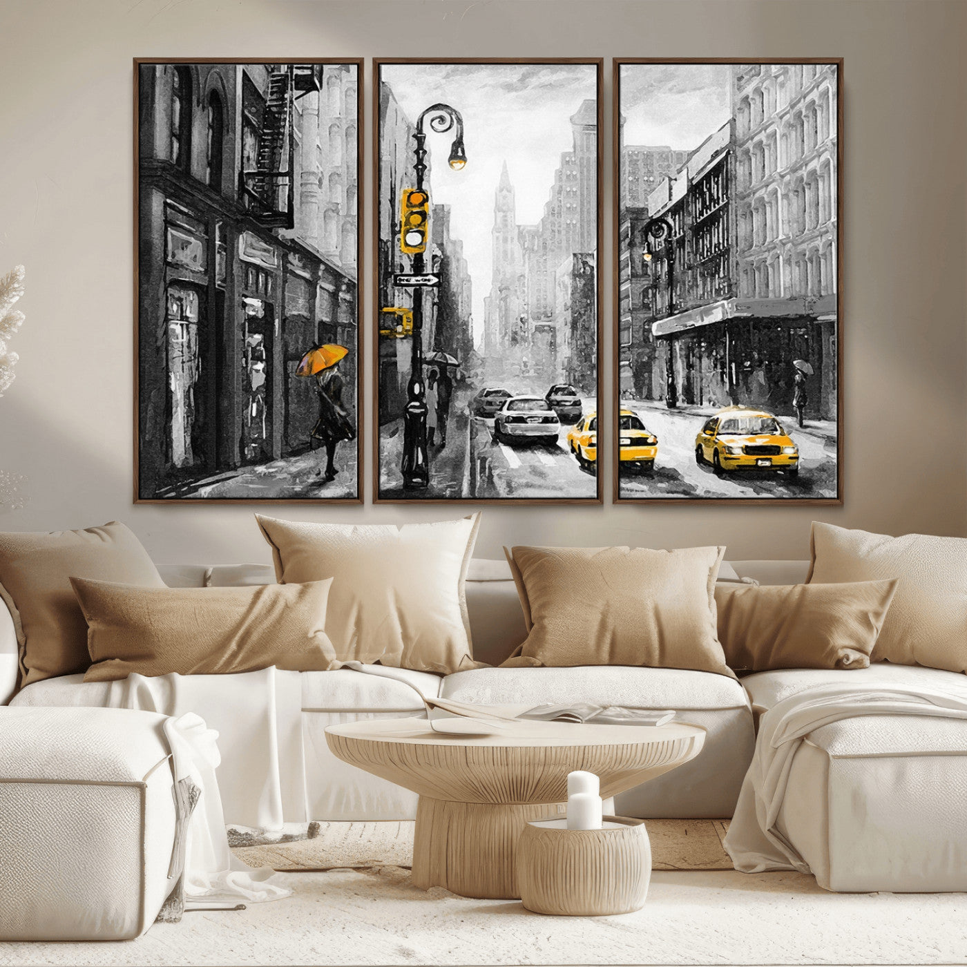 32362-MGV-CV-36X24-NYC Street Wall Art – Black and White Cityscape with Yellow Taxis and Umbrella Canvas Print, Urban Home Decor for Living Room or