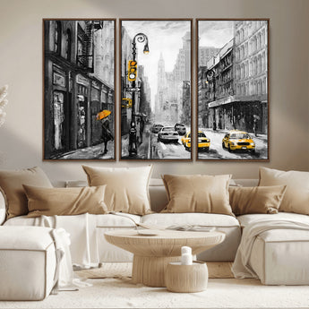32362-MGV-CV-36X24-NYC Street Wall Art – Black and White Cityscape with Yellow Taxis and Umbrella Canvas Print, Urban Home Decor for Living Room or