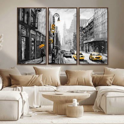 32362-MGV-CV-36X24-NYC Street Wall Art – Black and White Cityscape with Yellow Taxis and Umbrella Canvas Print, Urban Home Decor for Living Room or