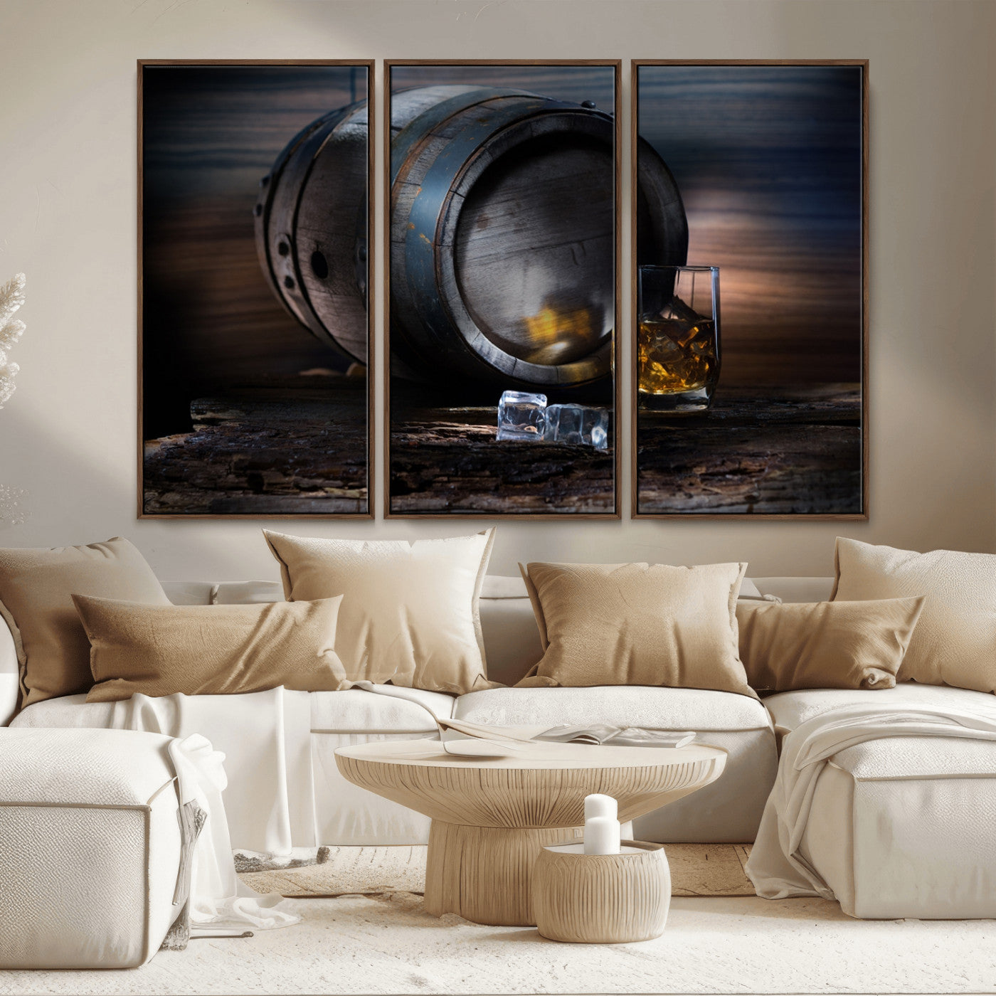 78049-MGV-CV-36X24-Whiskey Barrel Wall Art – Rustic Whiskey Barrel and Glass with Ice Canvas Print, Classic Bar or Lounge Decor for Home, Office, or