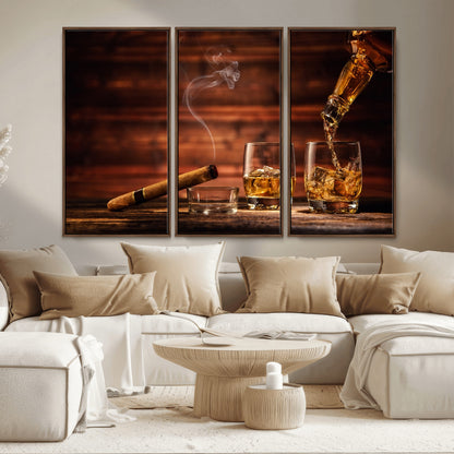 91042-MGV-CV-36X24-Whiskey & Cigar Wall Art – Elegant Whiskey Pour and Smoldering Cigar Canvas Print, Sophisticated Bar or Lounge Decor for Home,