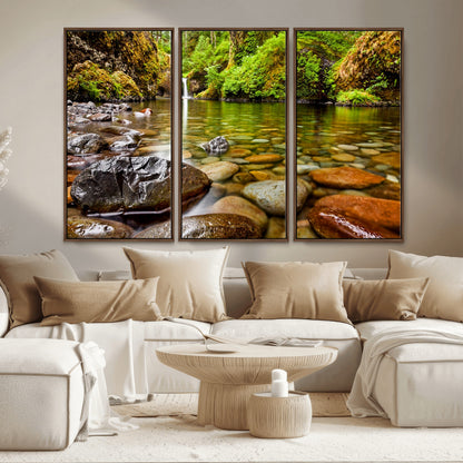 98096-MGV-FC-48X32-3P_Walnut-Serene River Waterfall Nature Photo – Calm Clear Water, Vibrant Green Forest and Smooth Stones Landscape Wall Art for Home or