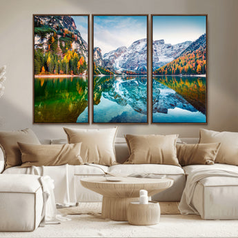 10402-MGV-CV-36X24-Snowy Mountain Lake Wall Art – Autumn Landscape Canvas Print with Reflection, Nature Decor for Living Room, Office, Bedroom or