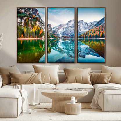 10402-MGV-CV-36X24-Snowy Mountain Lake Wall Art – Autumn Landscape Canvas Print with Reflection, Nature Decor for Living Room, Office, Bedroom or