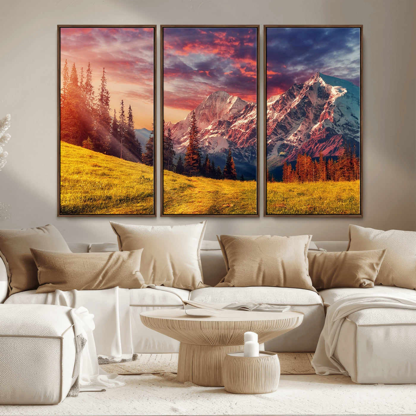 83947-MGV-CV-36X24-Sunset Mountain Landscape Wall Art – Panoramic Alpine Meadow and Snow Capped Peaks Canvas Print, Nature Scenic Decor for Home,