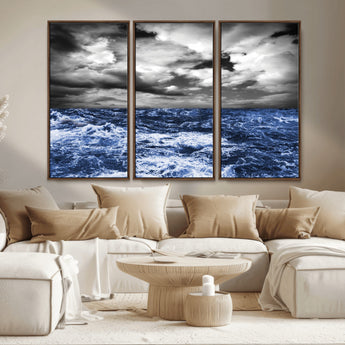 36012-MGV-CV-36X24-Dramatic Stormy Ocean Waves Black and White with Deep Blue Highlights – Moody Seascape Wall Art, Nature Photography Print for Home