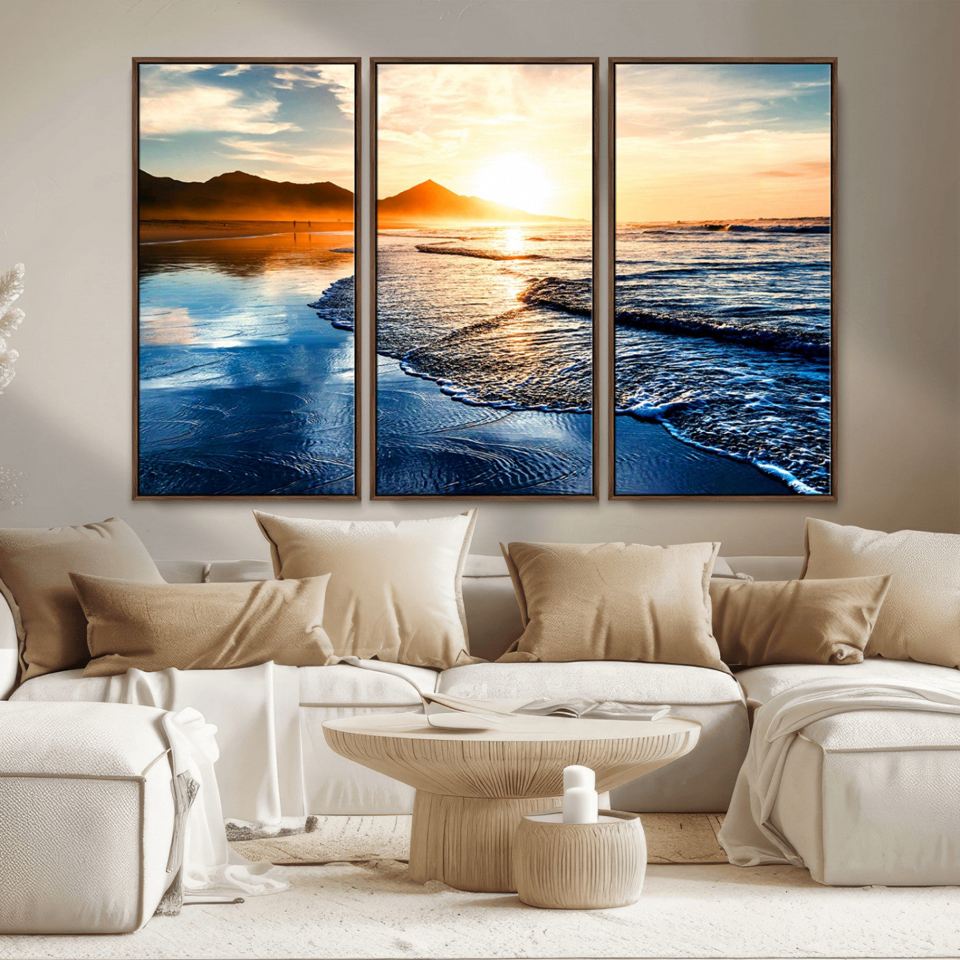 86173-MGV-CV-36X24-Golden Sunset Beach Wall Art – Reflective Ocean Canvas Print with Mountains and Waves, Coastal Nature Decor for Living Room,