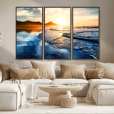 86173-MGV-CV-36X24-Golden Sunset Beach Wall Art – Reflective Ocean Canvas Print with Mountains and Waves, Coastal Nature Decor for Living Room,