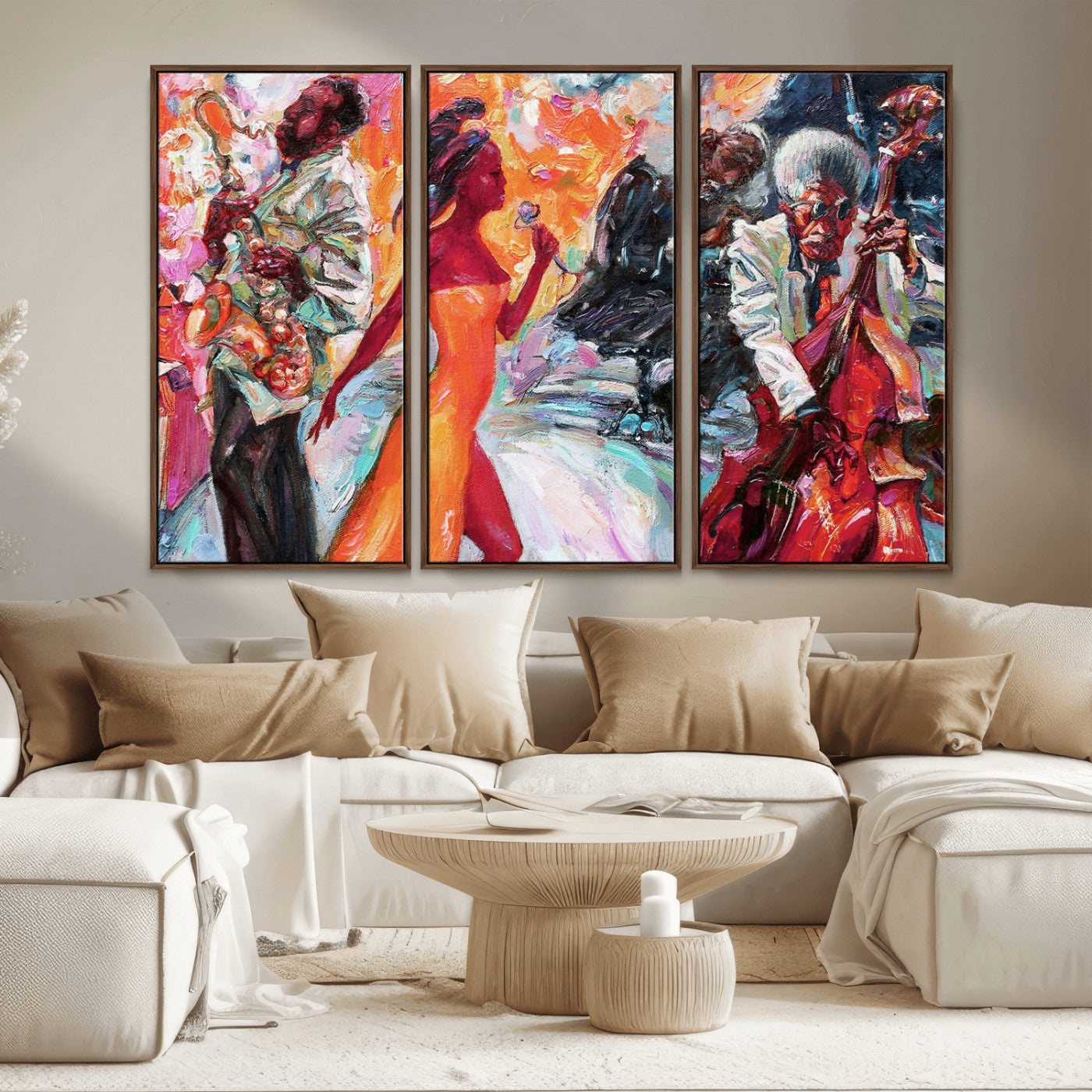 24452-MGV-FC-48X32-3P_Walnut-Vibrant Jazz Musician Painting - Expressive Art Print of Live Jazz Band, Perfect Wall Decor for Music Lovers and Art Enthusiasts