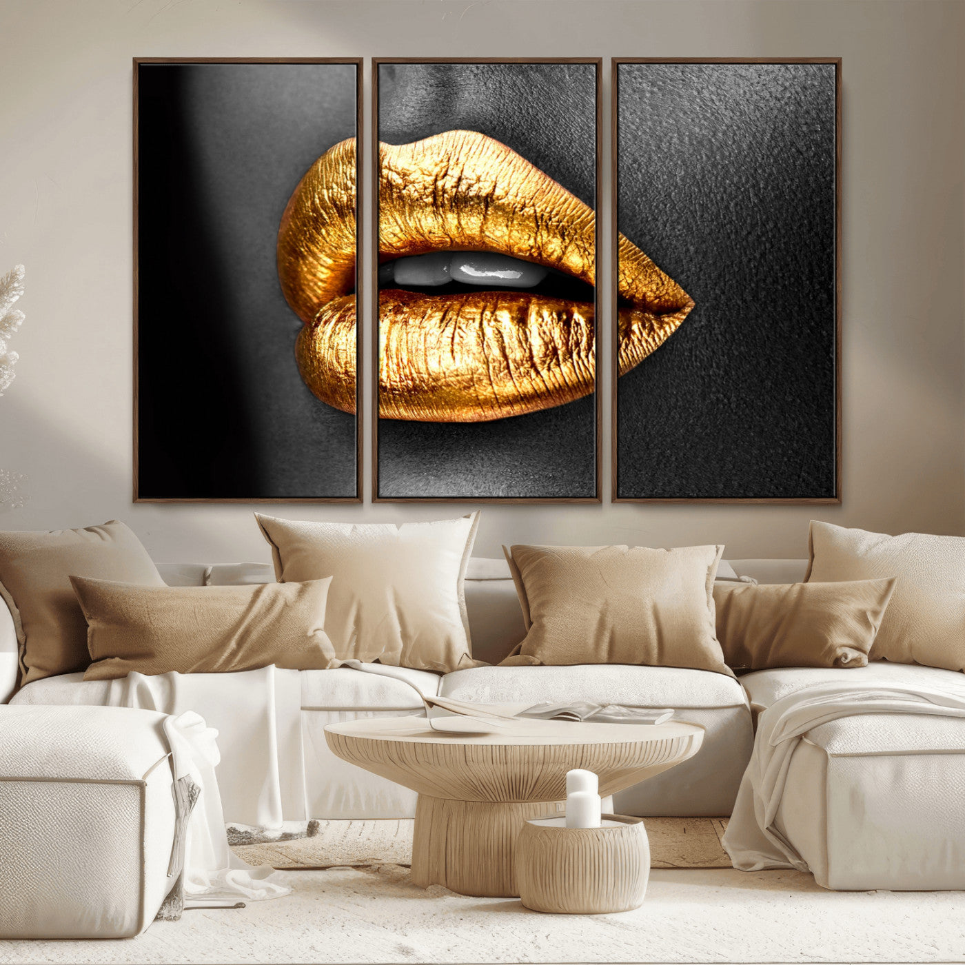 84747-MGV-FC-48X32-3P_Walnut-Golden Lips Black & White Portrait – Glamorous Metallic Lip Art Print, Modern Wall Decor for Bedroom, Beauty & Fashion Lover Gift