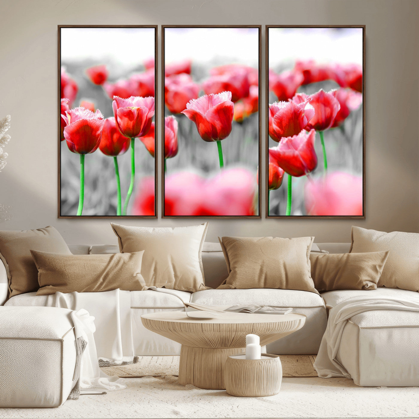 44554-MGV-CV-36X24-Vibrant red tulips stand out beautifully against a black-and-white background, making a striking decor piece perfect for any home