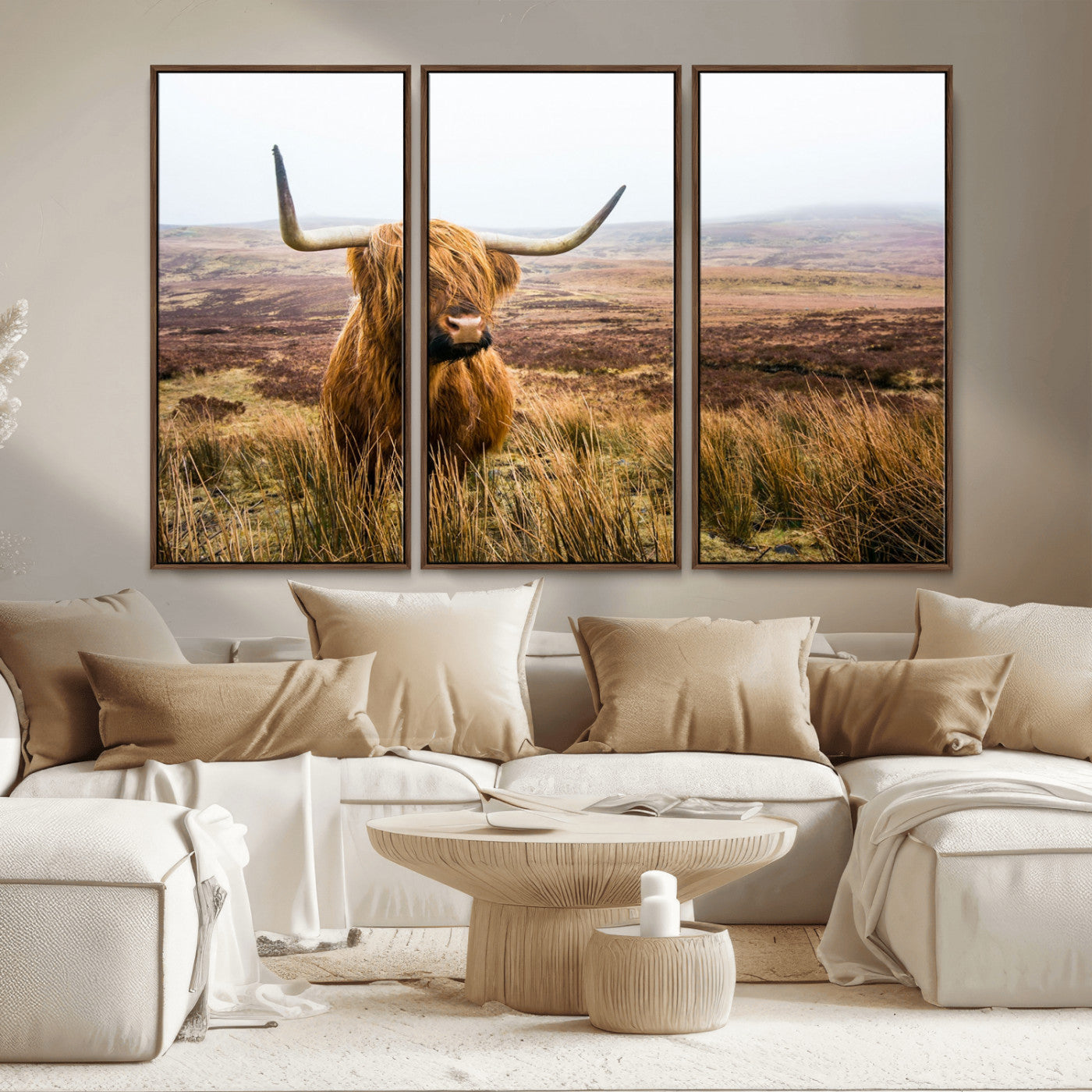 79391-MGV-CV-36X24-Majestic Highland Cow in Misty Scottish Moorland – Rustic Natural Charm, Perfect for Unique Home or Office Decor