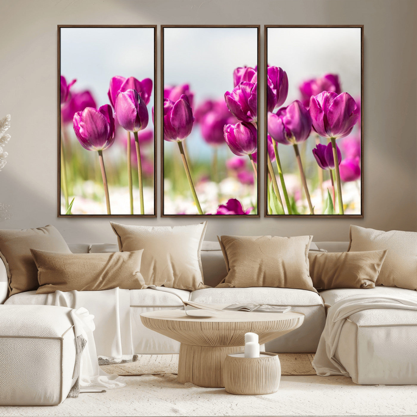 30632-MGV-CV-36X24-Purple Tulip Field Wall Art – Beautiful Spring Flowers Canvas Print with Soft Focus and Bright Sky, Ideal Floral Decor for Home or