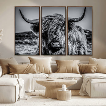 97372-MGV-CV-36X24-Elegant Highland Cow Wall Art – Black and White Canvas Print, Rustic Nature Decor for Home, Office, Living Room or Man Cave