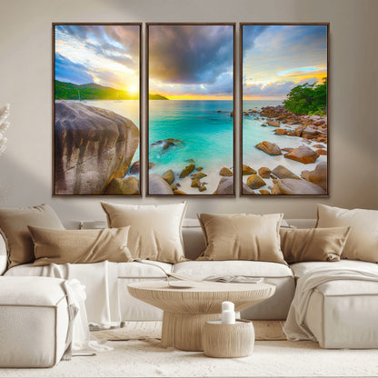 23769-MGV-CV-36X24-Tropical Beach Sunset Wall Art – Ocean Waves and Rocky Shore Canvas Print, Coastal Seascape Photography Decor