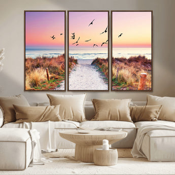 54411-MGV-CV-36X24-Beach Path with Birds Wall Art – Coastal Sunset Ocean Canvas Print, Seaside Nature Landscape Photography for Living Room, Bedroom