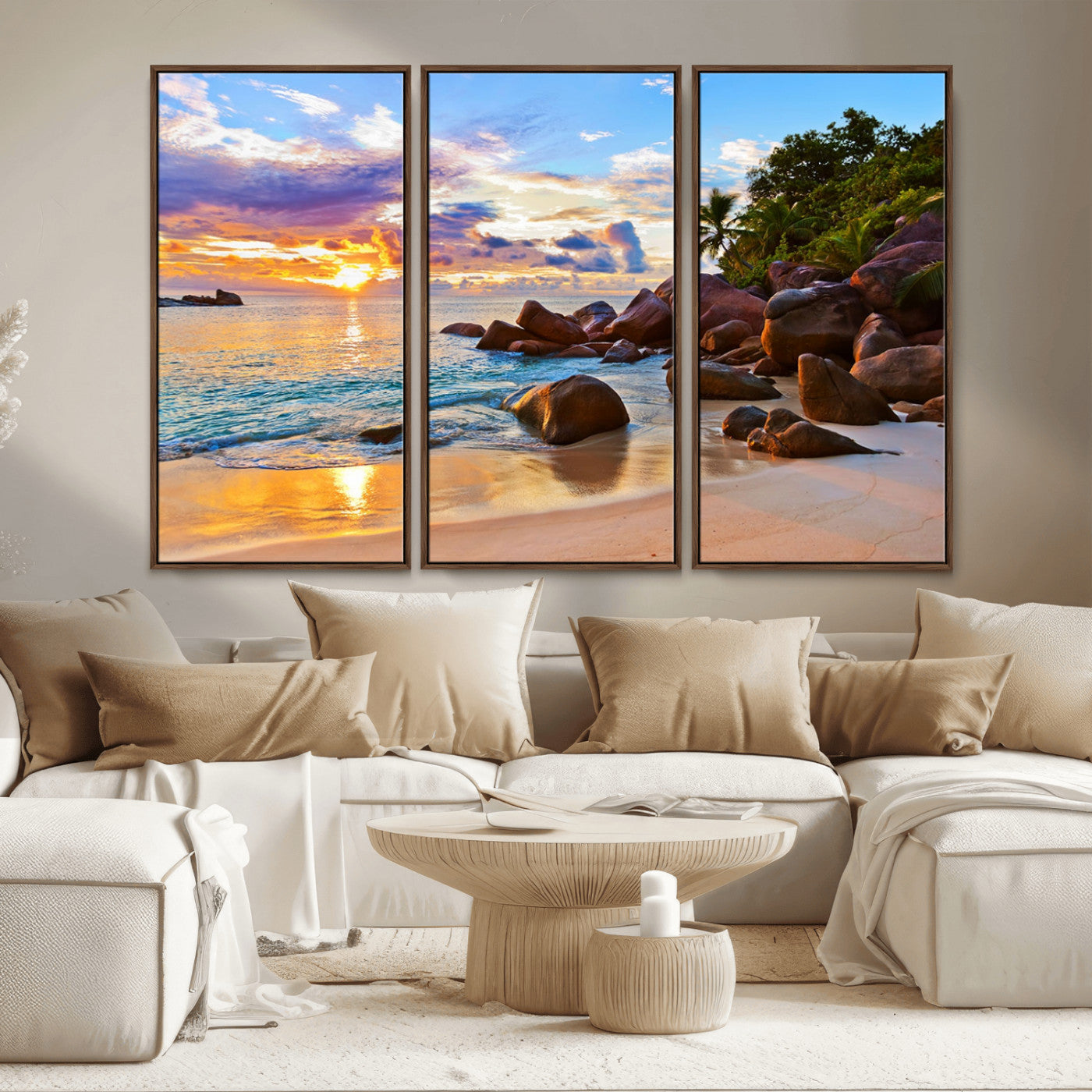 43209-MGV-CV-36X24-Tropical Beach Sunset Wall Art – Golden Ocean Waves and Palm Trees with Rocky Shore Canvas Print, Coastal Seascape Decor for