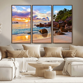 43209-MGV-CV-36X24-Tropical Beach Sunset Wall Art – Golden Ocean Waves and Palm Trees with Rocky Shore Canvas Print, Coastal Seascape Decor for