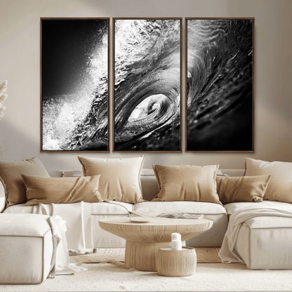 22702-MGV-CV-36X24-Black and White Ocean Wave Wall Art – Powerful Surf Curl Photography Canvas Print, Modern Coastal Decor for Living Room, Office or