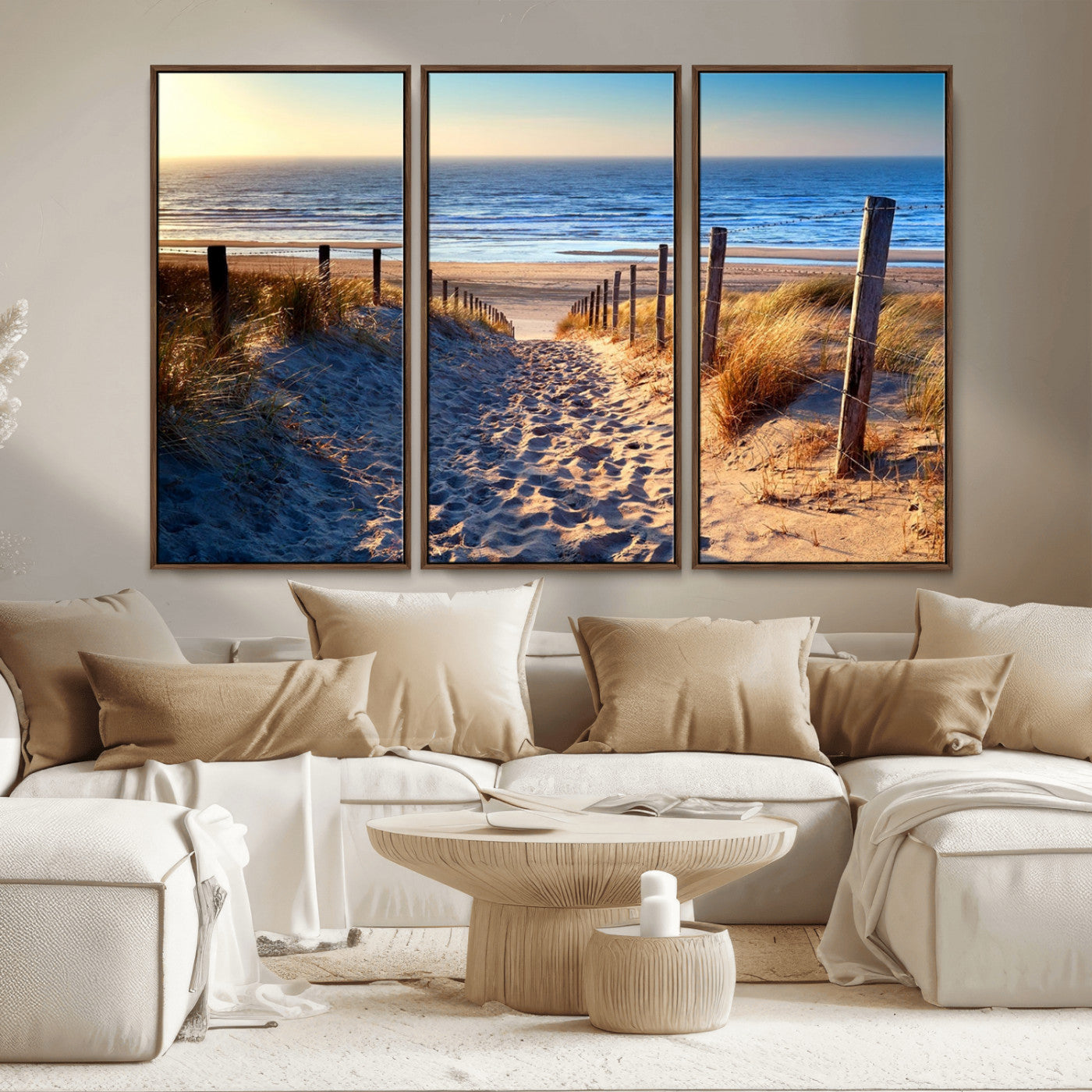 31889-MGV-CV-36X24-Sandy Beach Pathway Wall Art – Coastal Dune Fence and Ocean View Canvas Print, Relaxing Seaside Landscape Decor for Living Room or