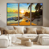 26181-MGV-CV-36X24-Golden Tropical Sunset Beach Wall Art – Ocean Canvas Print with Palm Trees and Rocks, Coastal Paradise Decor for Living Room or