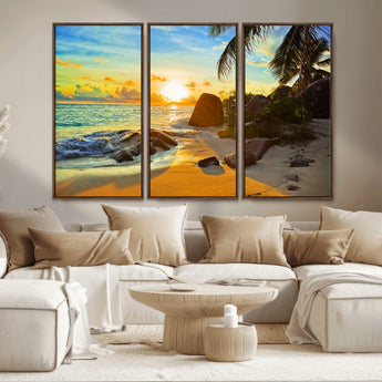 26181-MGV-CV-36X24-Golden Tropical Sunset Beach Wall Art – Ocean Canvas Print with Palm Trees and Rocks, Coastal Paradise Decor for Living Room or