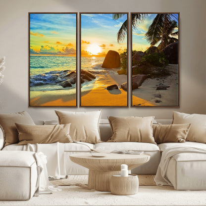 26181-MGV-CV-36X24-Golden Tropical Sunset Beach Wall Art – Ocean Canvas Print with Palm Trees and Rocks, Coastal Paradise Decor for Living Room or