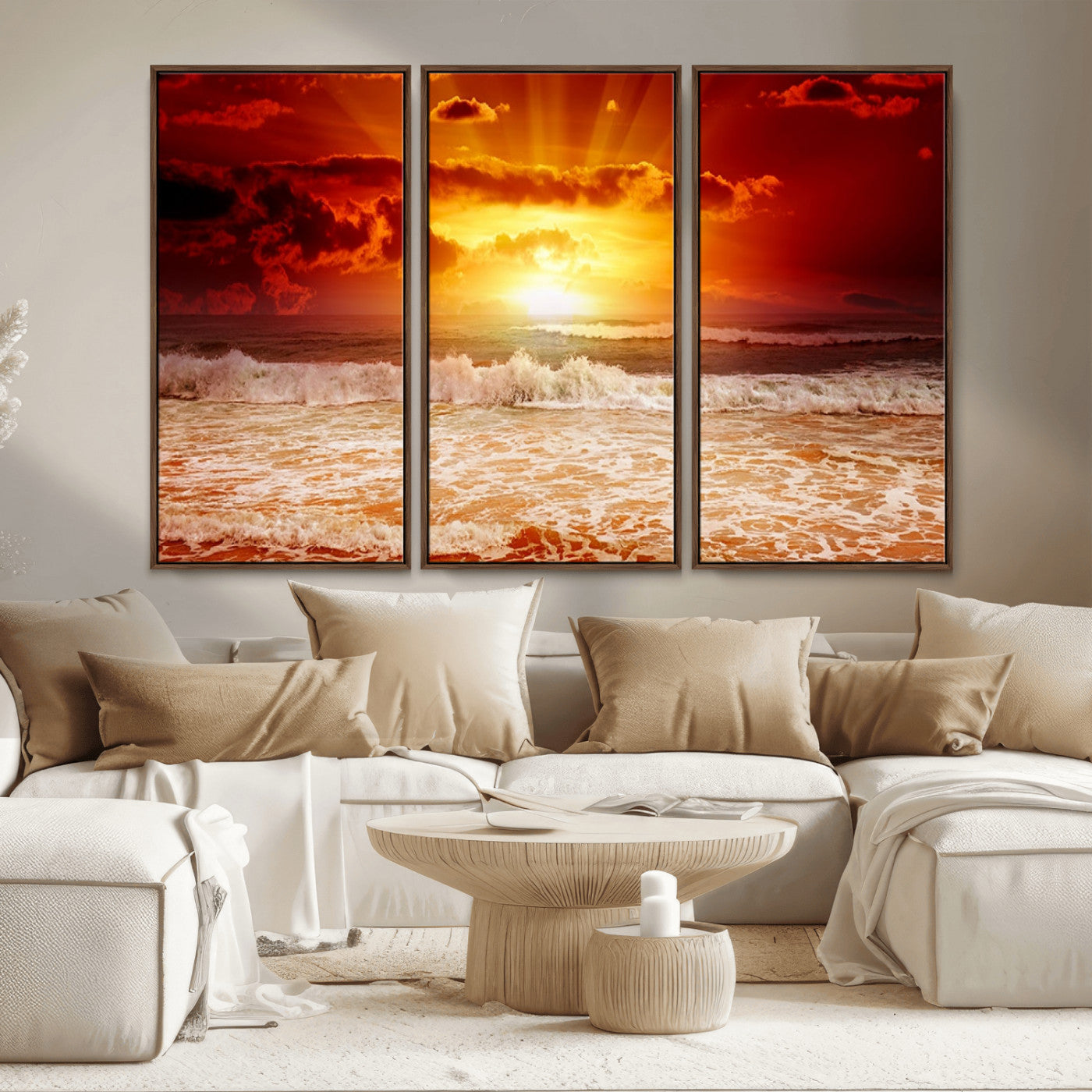60211-MGV-CV-36X24-Fiery Sunset Ocean Waves Canvas Print – Vibrant Red & Orange Coastal Wall Art, Dramatic Seascape Decor