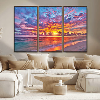 72836-MGV-CV-36X24-Fiery Sunset Beach Wall Art – Panoramic Vibrant Ocean Canvas Print, Dramatic Coastal Decor for Living Room, Bedroom or Office