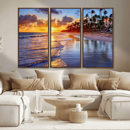 19917-MGV-CV-36X24-Tropical Sunset Beach Wall Art – Panoramic Palm Trees and Ocean Canvas Print, Vibrant Coastal Decor for Living Room, Office or Man