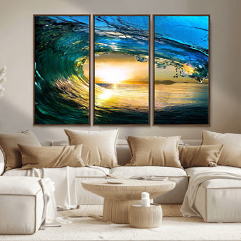 19378-MGV-CV-36X24-Ocean Wave Sunset Wall Art – Vibrant Surf and Golden Horizon Canvas Print, Coastal Seascape Photography for Living Room, Bedroom,