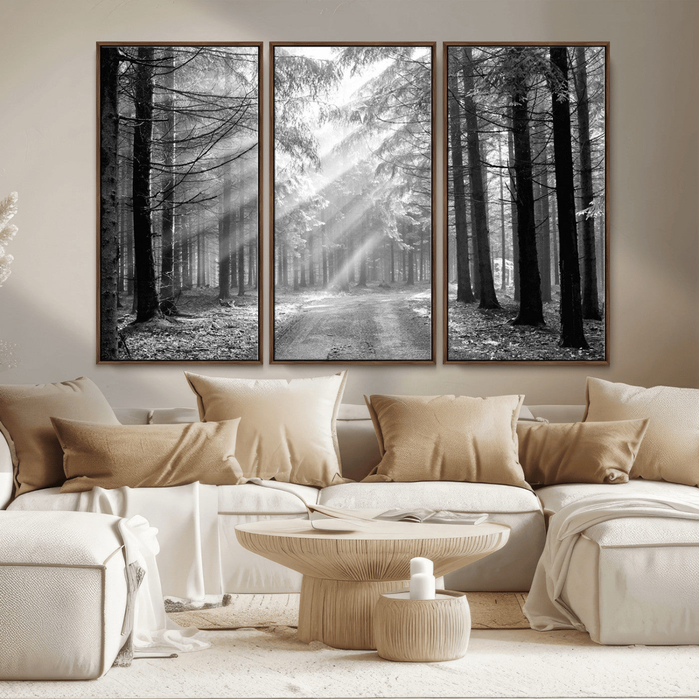 39665-MGV-CV-36X24-Black and White Forest Path Wall Art – Sunlight Rays in Trees Canvas Print, Nature Landscape Decor for Living Room or Office