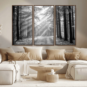 39665-MGV-CV-36X24-Black and White Forest Path Wall Art – Sunlight Rays in Trees Canvas Print, Nature Landscape Decor for Living Room