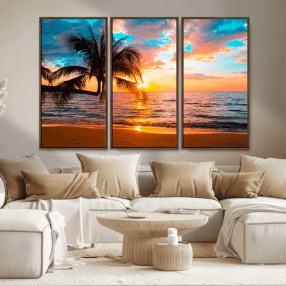 34674-MGV-CV-36X24-Tropical Sunset Beach Wall Art – Palm Tree Ocean Canvas Print, Coastal Seascape Decor for Living Room or Office Wall