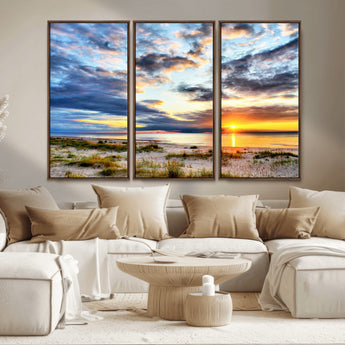 39645-MGV-CV-36X24-Golden Beach Sunset Wall Art – Serene Ocean Horizon Canvas Print, Coastal Nature Landscape Decor for Living Room, Bedroom or