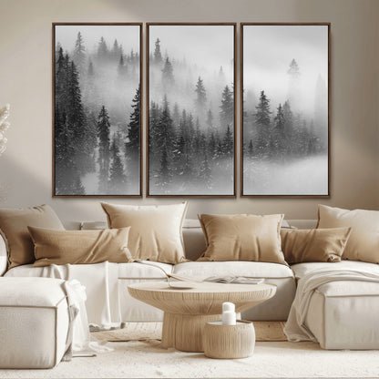 57235-MGV-CV-36X24-Misty Pine Forest Wall Art – Black and White Mountain Landscape Canvas Print, Nature Woodland Decor for Living Room, Bedroom or