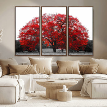 80021-MGV-CV-36X24-Red Tree Wall Art – Striking Black and White Landscape Canvas Print with Vibrant Red Leaves, Modern Nature Decor for Living Room