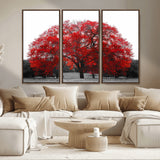 80021-MGV-CV-36X24-Red Tree Wall Art – Striking Black and White Landscape Canvas Print with Vibrant Red Leaves, Modern Nature Decor for Living Room