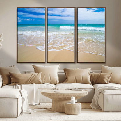20660-MGV-CV-36X24-Ocean Wave Beach Wall Art – Serene Blue Sea and Sandy Shore Canvas Print, Coastal Landscape Photography Decor for Living Room or
