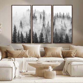 10422-MGV-CV-36X24-Misty Pine Forest Wall Art – Black and White Foggy Landscape Canvas Print, Serene Nature Woodland Decor for Bedroom, Office or