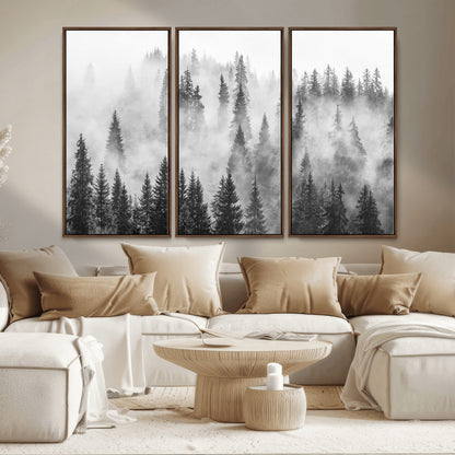 10422-MGV-CV-36X24-Misty Pine Forest Wall Art – Black and White Foggy Landscape Canvas Print, Serene Nature Woodland Decor for Bedroom, Office or
