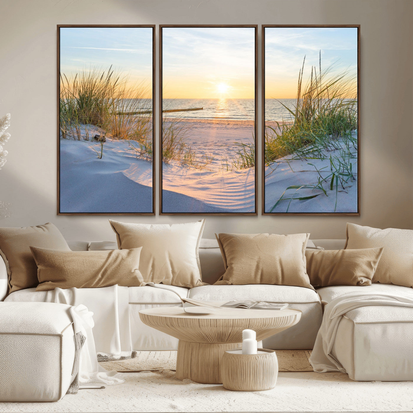 48907-MGV-CV-36X24-Beach Sunset Wall Art – Coastal Sand Dunes and Ocean View Canvas Print, Serene Seaside Landscape Painting for Living Room, Bedroom