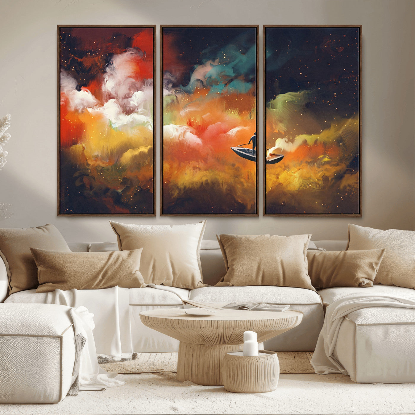 45085-MGV-CV-36X24-Surreal Cosmic Wall Art – Abstract Galaxy Dreamscape Canvas Print with Man and Dog in Boat, Fantasy Nebula Painting for Living