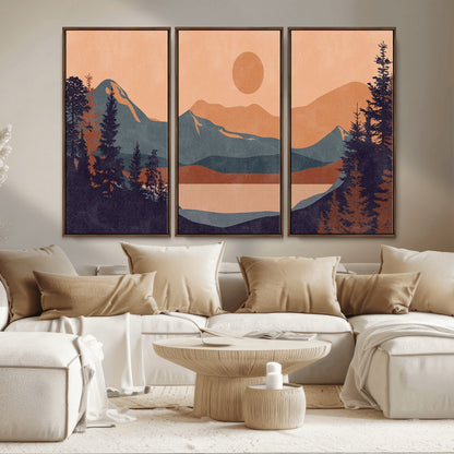 62795-MGV-FC-48X32-3P_Walnut-Minimalist Mountain Landscape Wall Art – Abstract Sunset Over Peaks and Pine Trees Canvas Print, Modern Nature Decor for Living