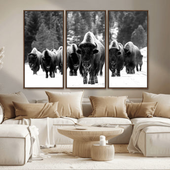 62434-MGV-CV-36X24-Bison Herd Wall Art – Majestic Black and White Buffalo Canvas Print, Wildlife Nature Photography Decor for Living Room, Office or